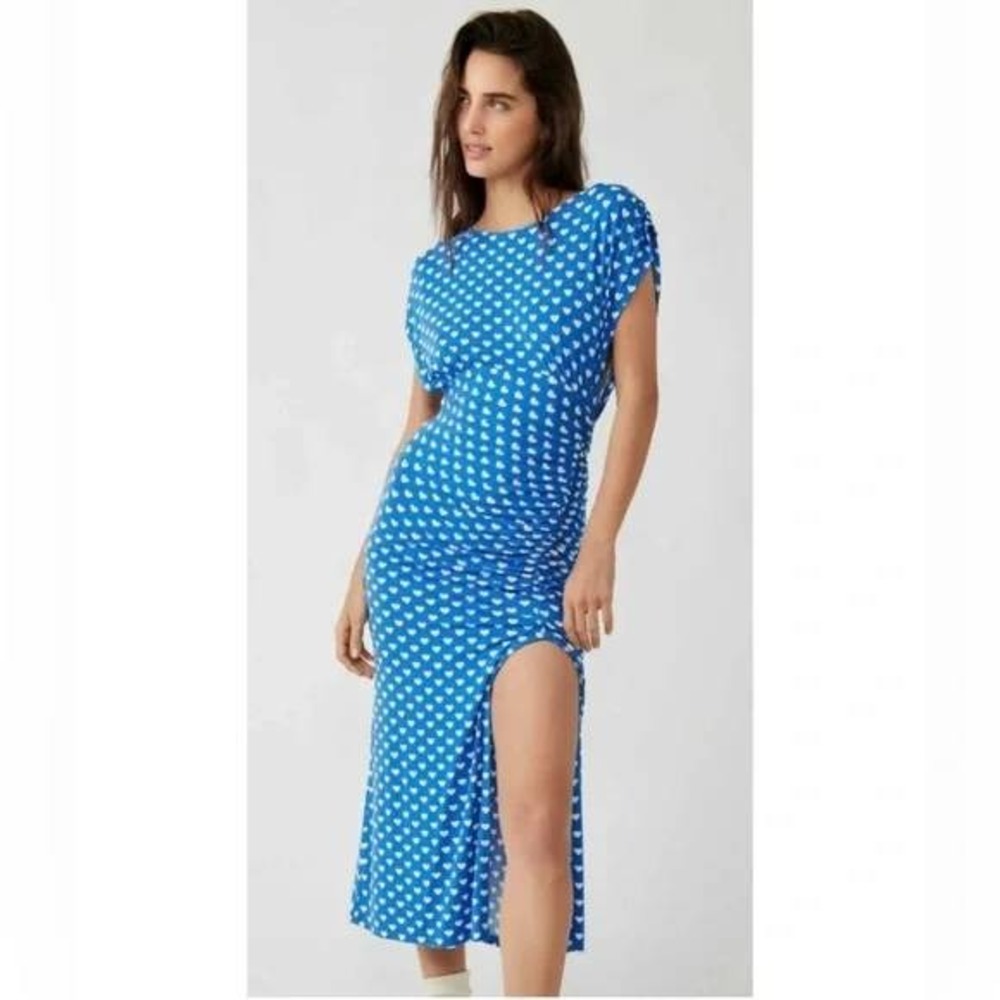 Free‎ People Lakeside printed Midi dress Women's L hearts blue stretchy